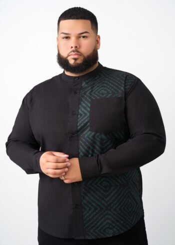 Okafo Men's African Print Mandarin Collar Button-up Shirt (Malachite Diamond Adire)